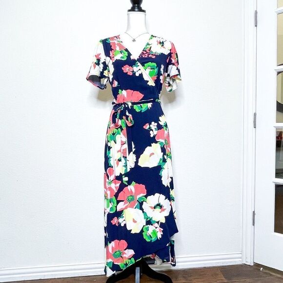 🍋 GAP • Women’s Floral Maxi Wrap Dress in Navy w/ Asymmetrical Hem Size M - Picture 1 of 6